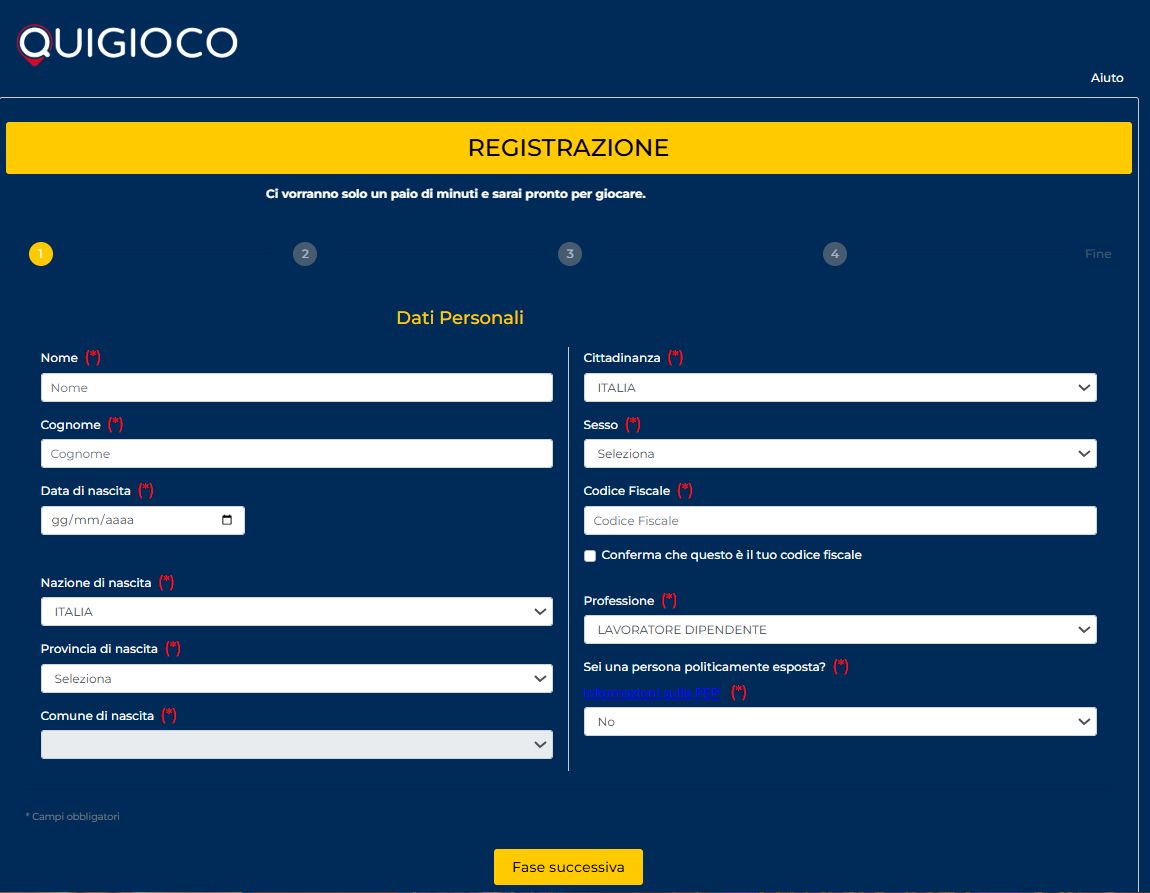 modulo registrazione quigioco