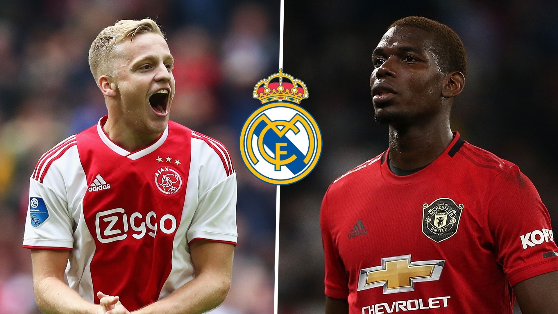 Donny van de Beek, Paul Pogba, Real Madrid logo