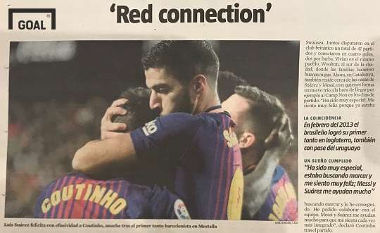 9일(현지시간) 西 종합 일간지 '라 반구아디아'가 쿠티뉴-수아레스 조합을 ‘red connection’이라고 설명하고 있다. 사진=골닷컴 이하영 에디터
