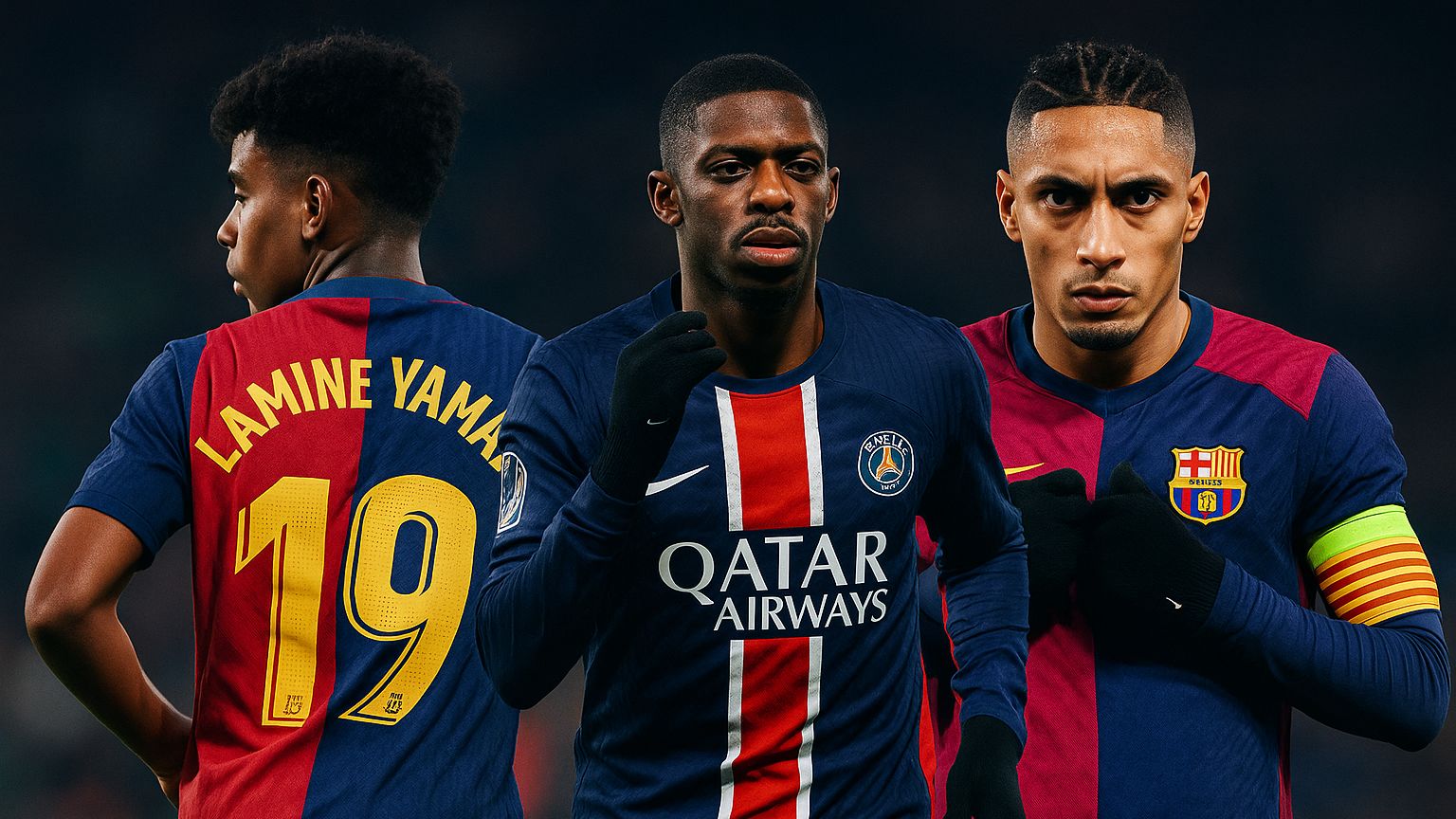 Raphinha Yamal Dembele Barcelona PSG GFX