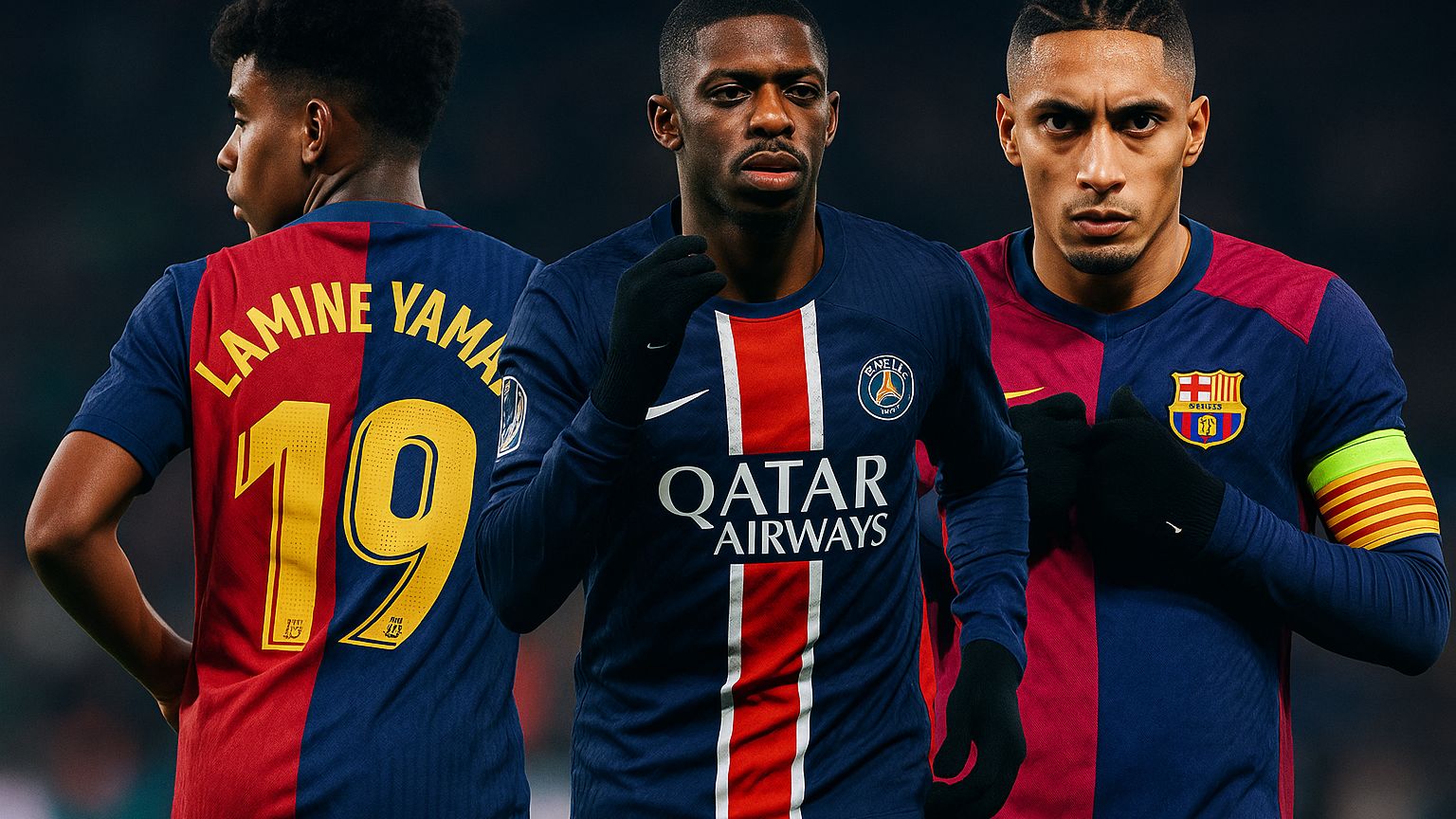 Raphinha Yamal Dembele Barcelona PSG GFX