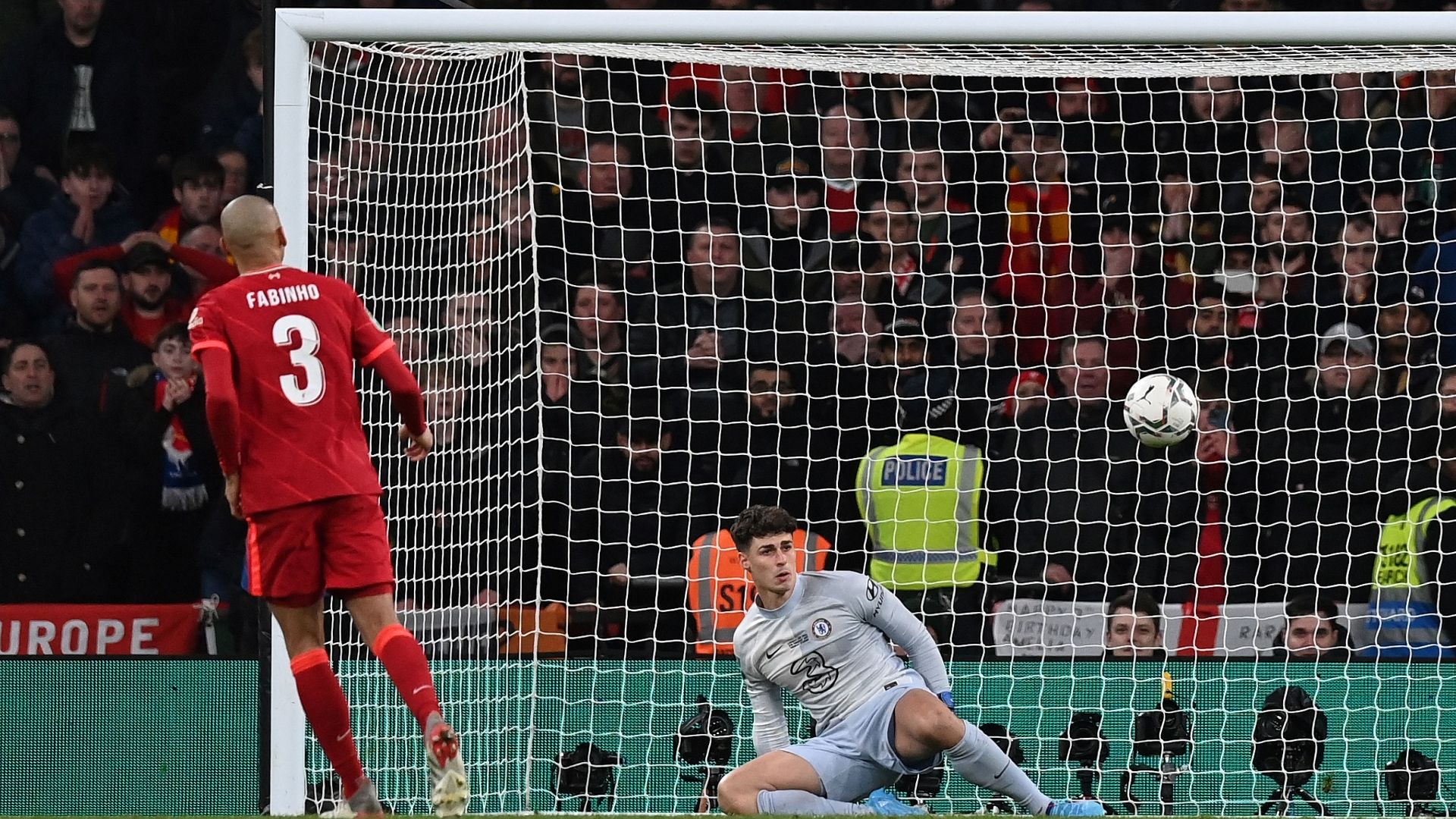 Fabinho scores for Liverpool against Chelsea in the 2022 League Cup final