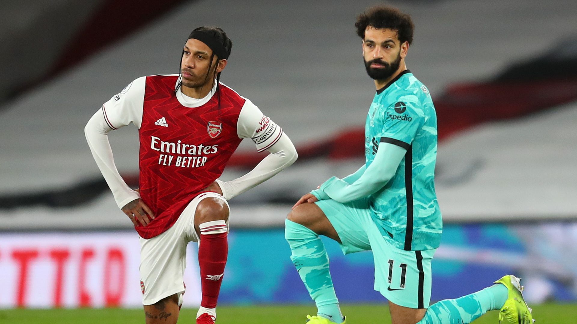Pierre-Emerick Aubameyang of Arsenal, Liverpool's Mohamed Salah
