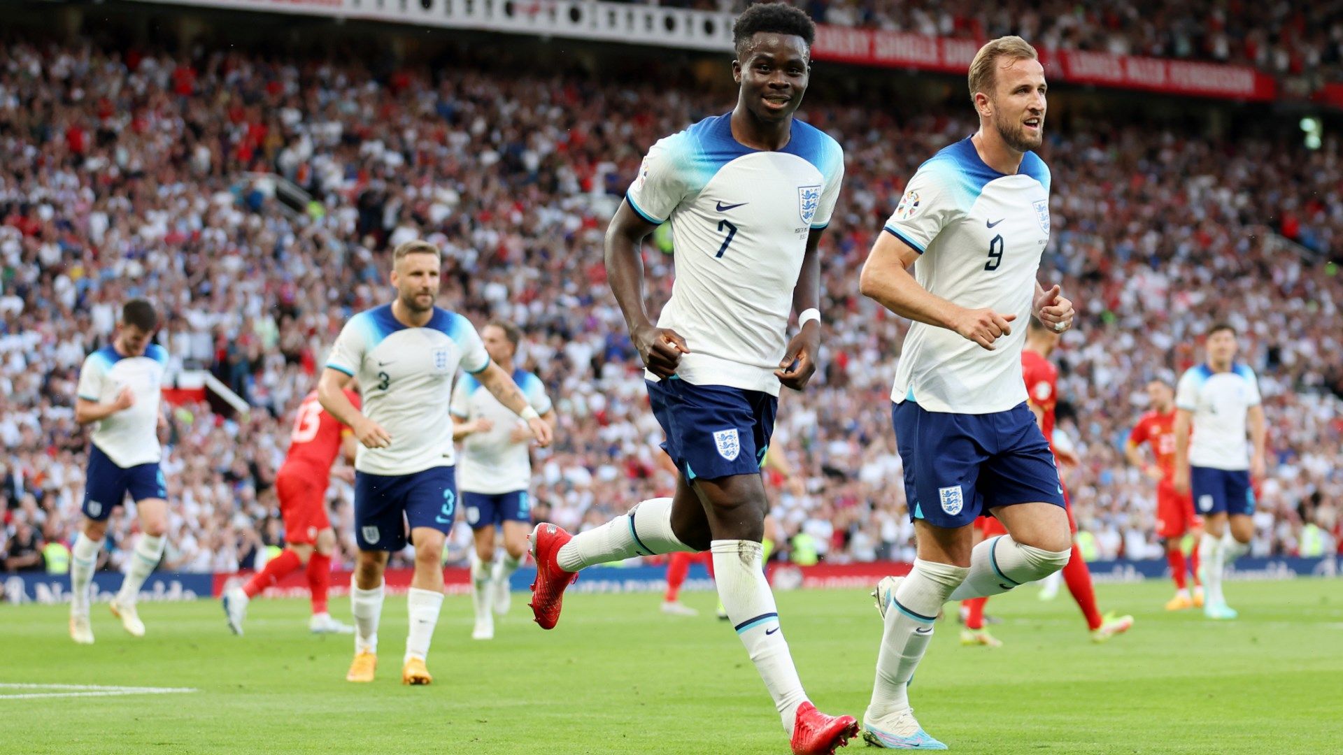 Bukayo Saka celebrates his England goal versus North Macedonia