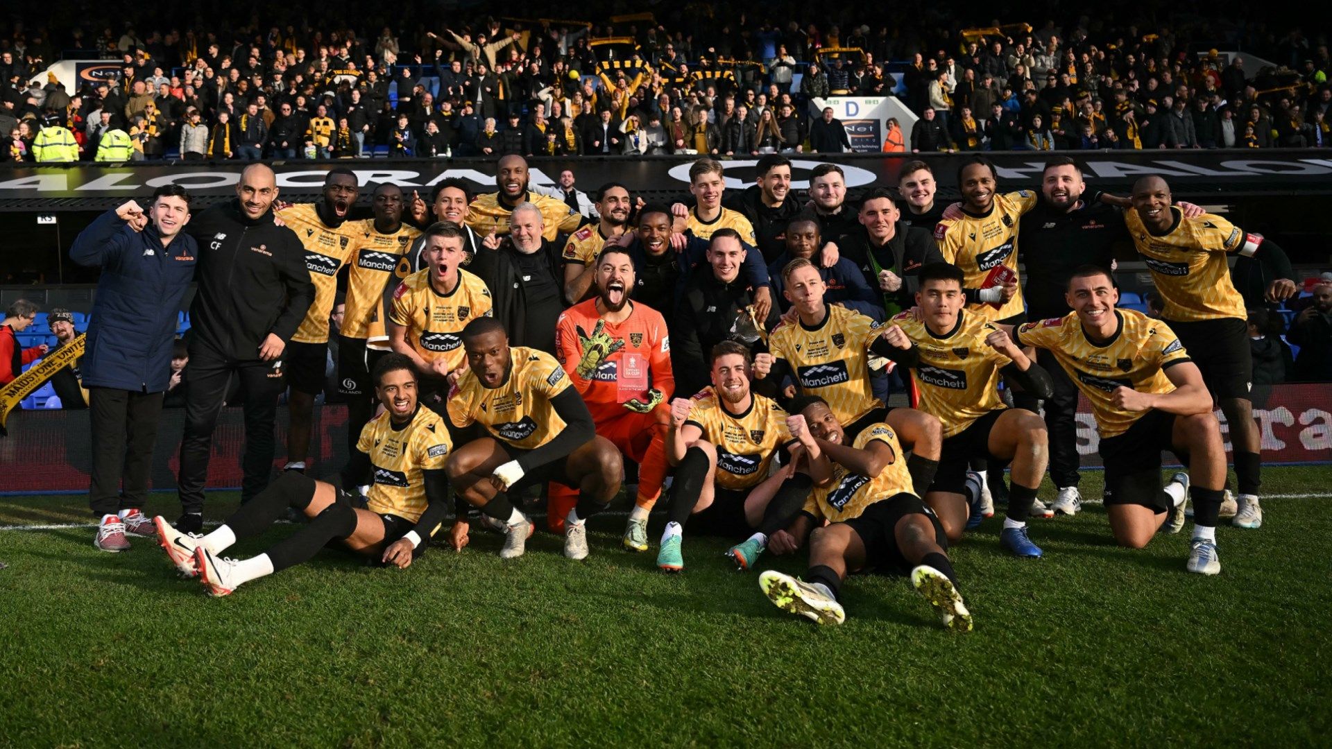 Maidstone United celebrating their FA Cup win over Ipswich Town 2023-24