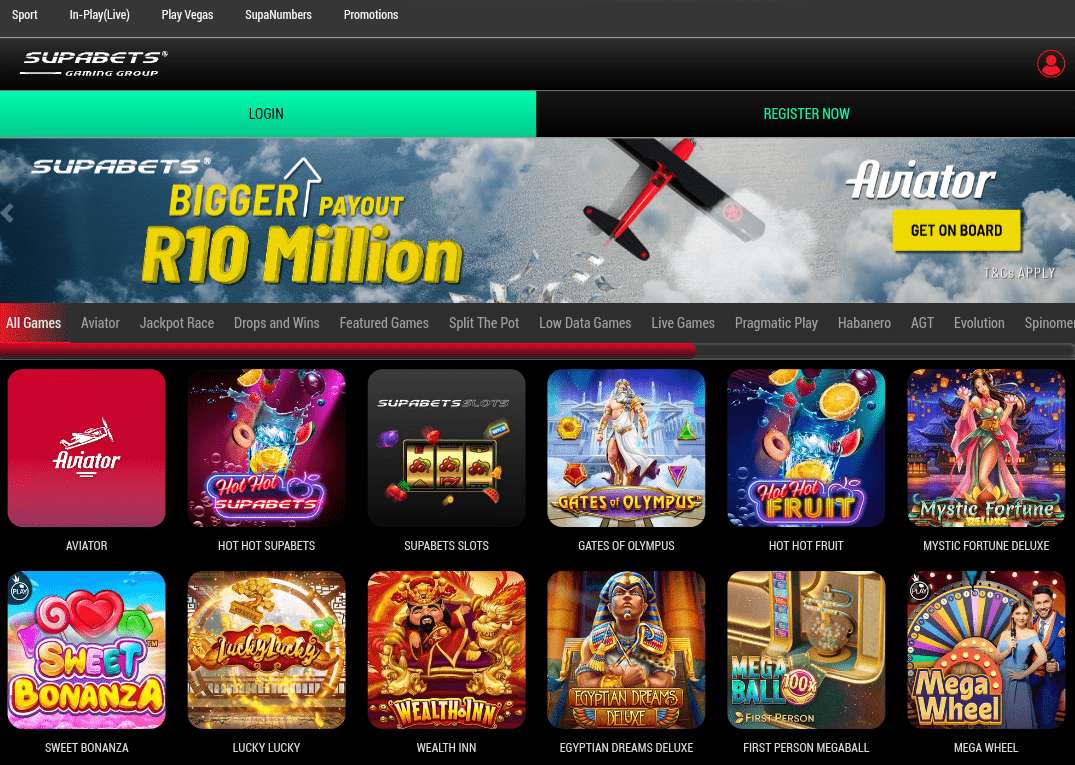 supabets casino games dashboard screenshot