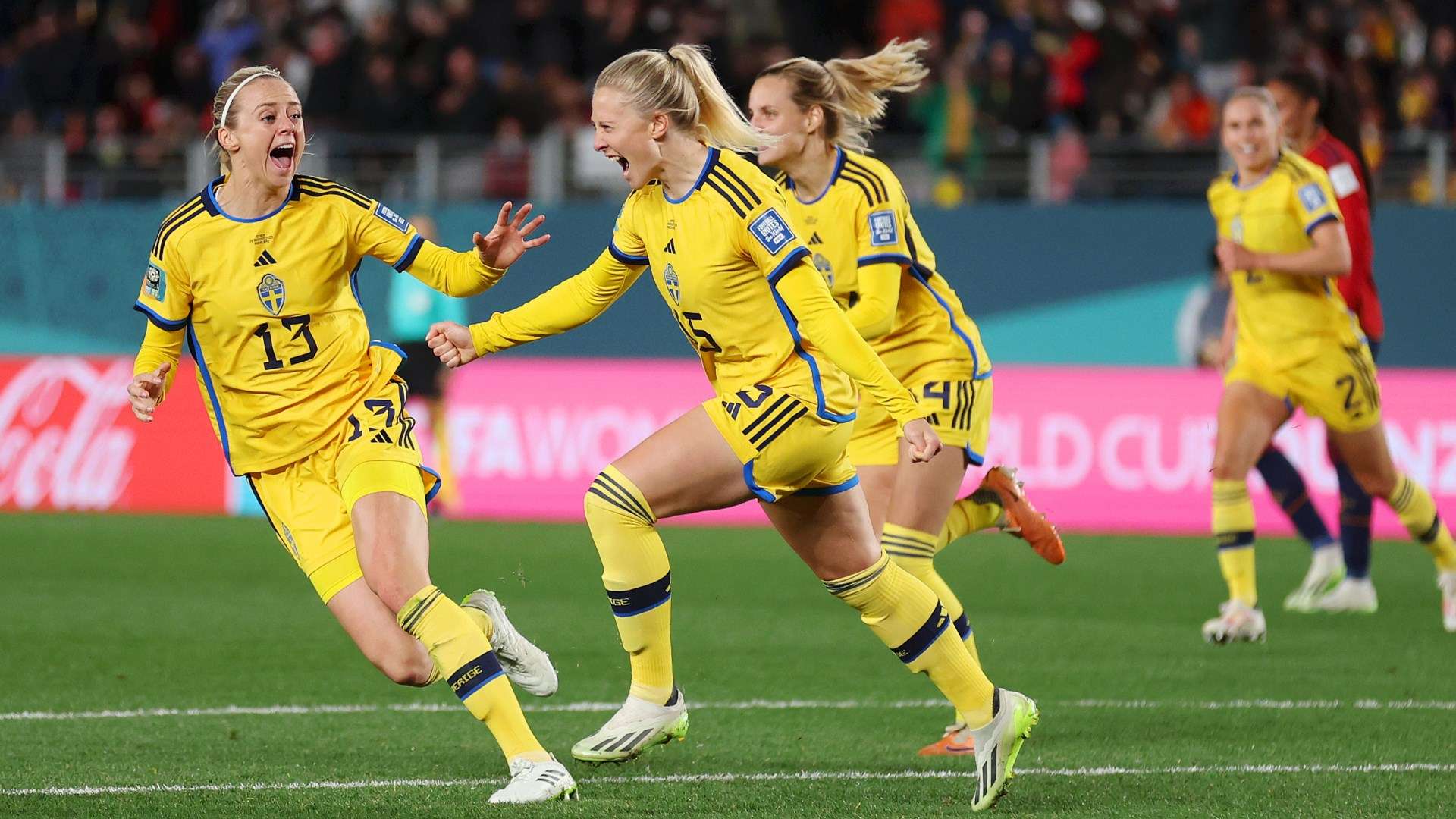 Sweden celebrating Rebecka Blomqvist's goal against Spain at Women's World Cup