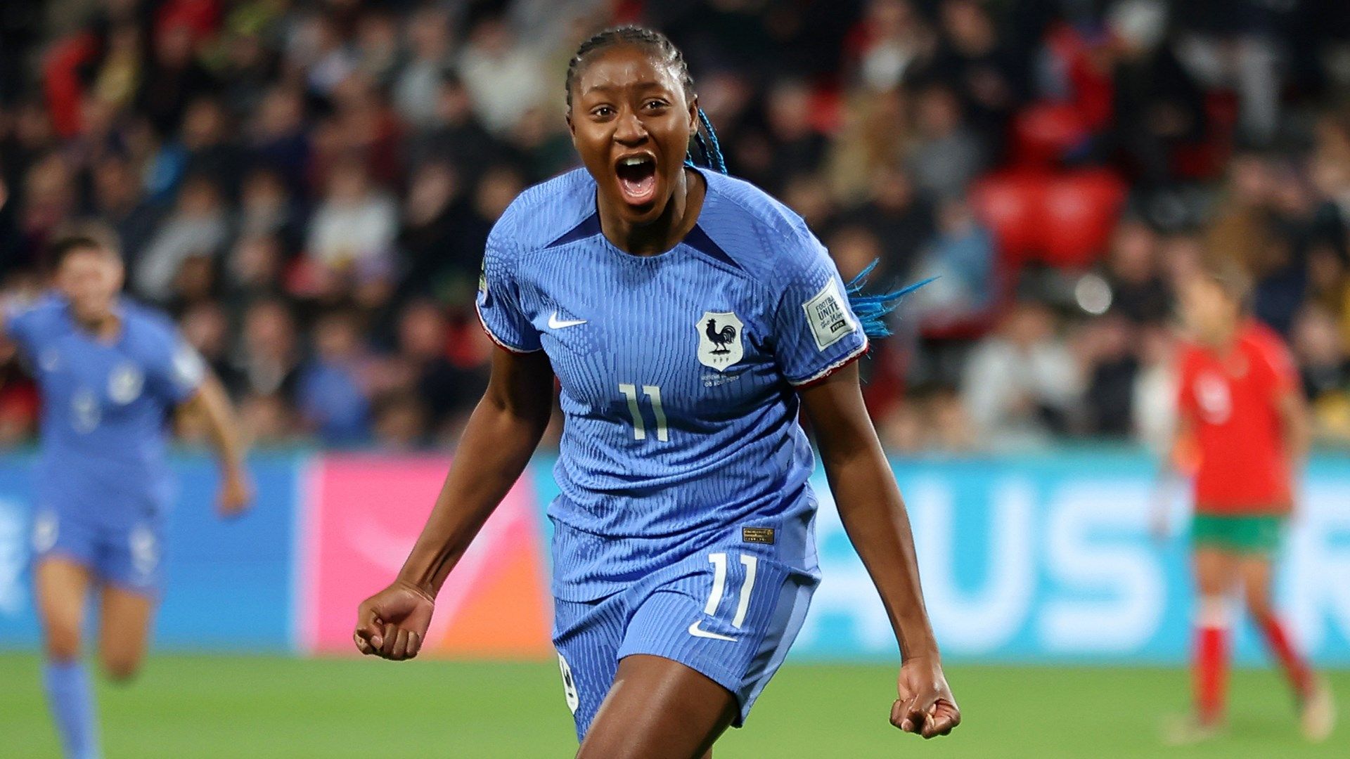 Kadidiatou Diani celebrates after scoring for France against Morocco at Women's World Cup