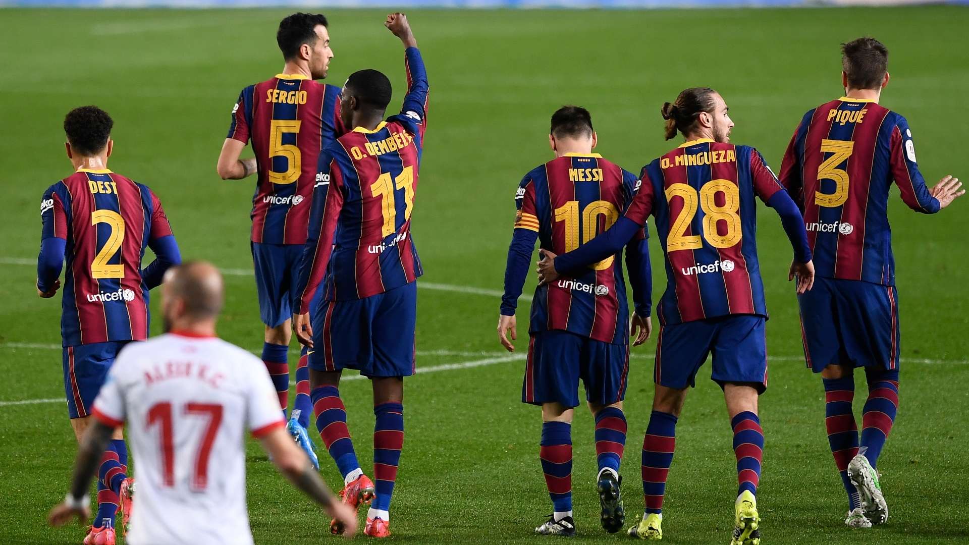 Barcelona celebrate Ousmane Dembele goal vs Sevilla, Copa del Rey 2020-21