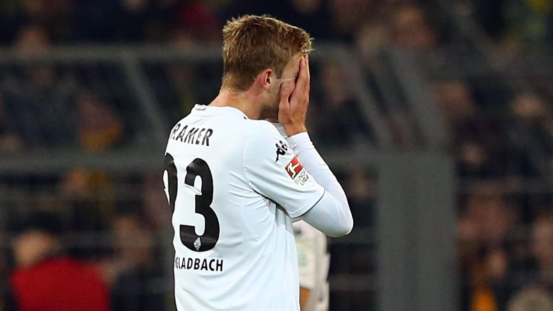 Christoph Kramer of Borussia Monchengladbach after own goal vs Borussia Dortmund, Bundesliga, 091114