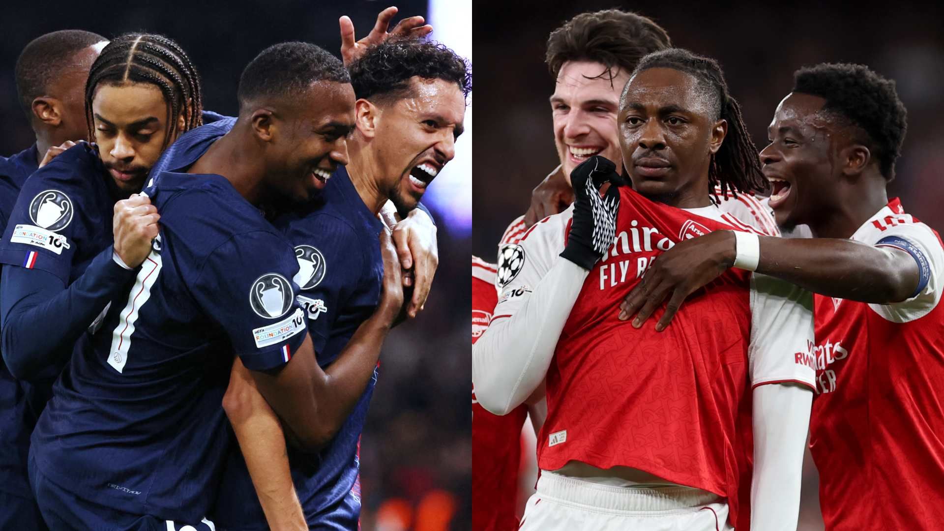 Paris Saint-Germain and Arsenal players celebrating goals in this season's UEFA Champions League.