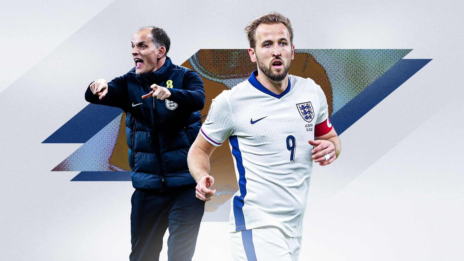 England captain Harry Kane running in the foreground with England manager Thomas Tuchel shouting instructions from the touchline.