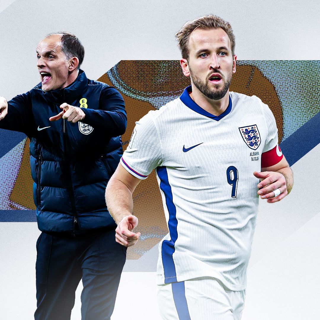 England captain Harry Kane running in the foreground with England manager Thomas Tuchel shouting instructions from the touchline.