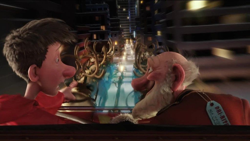 Arthur and Grandsanta set off to save the day, in Arthur Christmas.