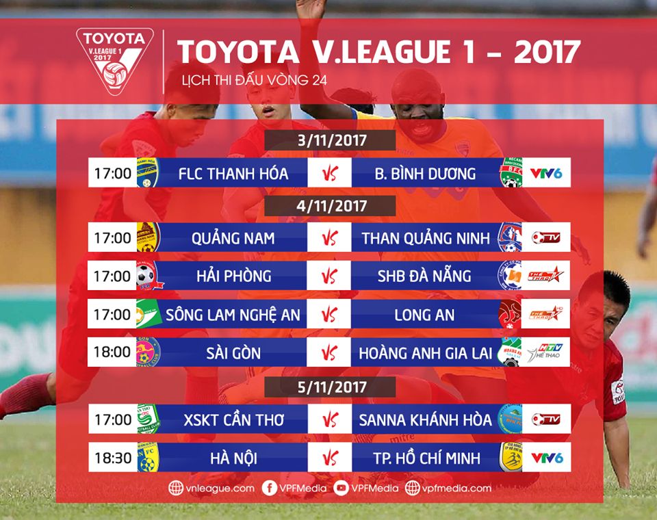 Lịch thi đấu vòng 24 V.League 2017