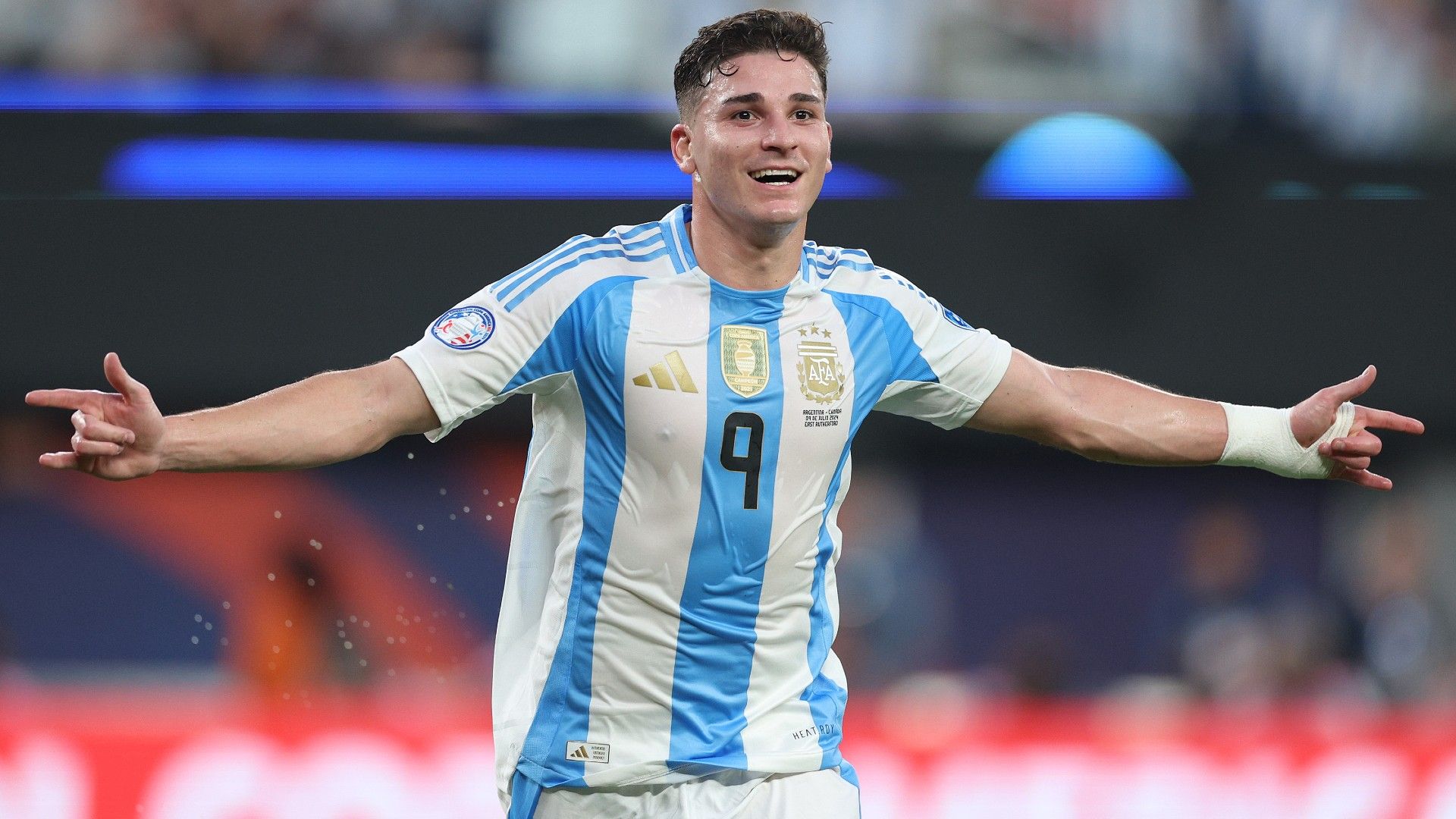  Julian Alvarez of Argentina celebrates after scoring the team's first goal