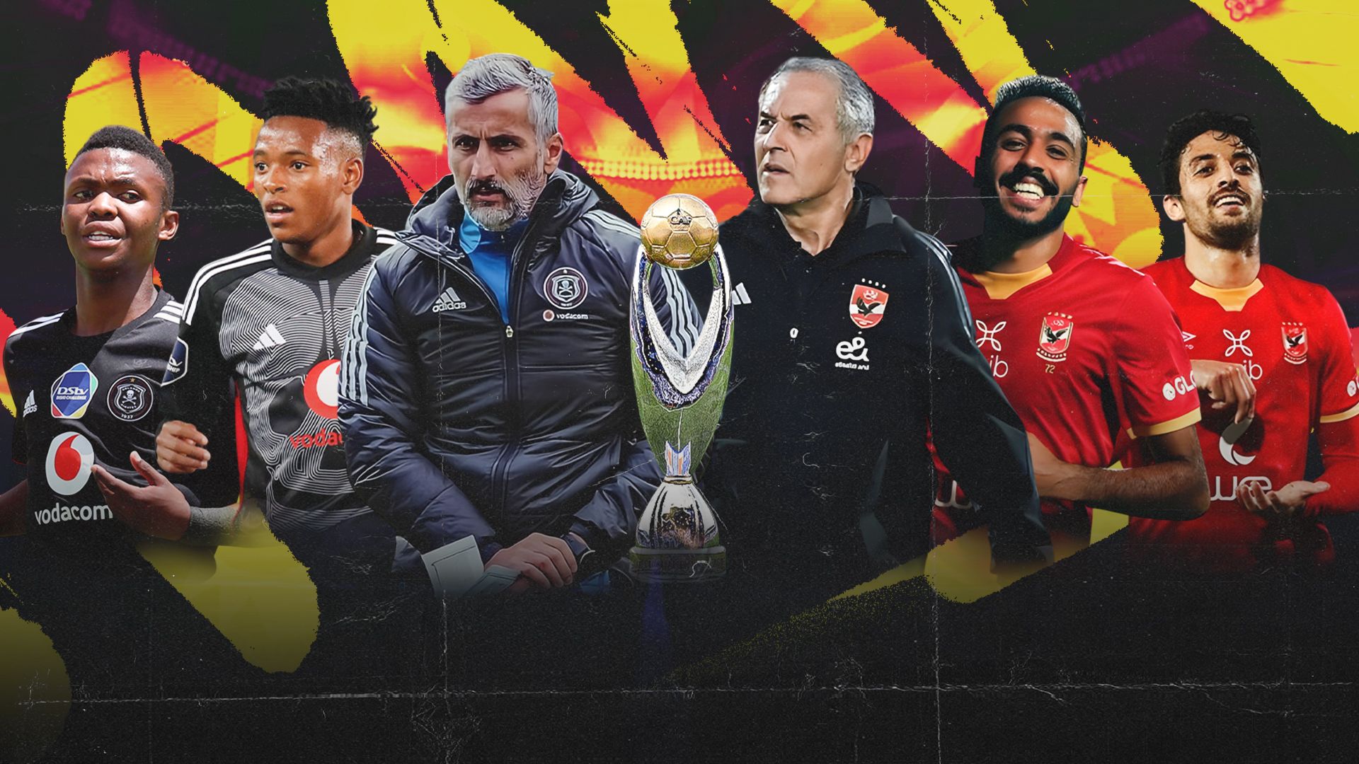 Jose Riveiro, Mohau Nkota & Relebohile Mofokeng of Orlando Pirates, Marcel Koller, Mahmoud Kahraba & Taher Mohamed of Al Ahly 