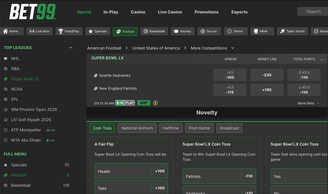 bet99 super bowl betting