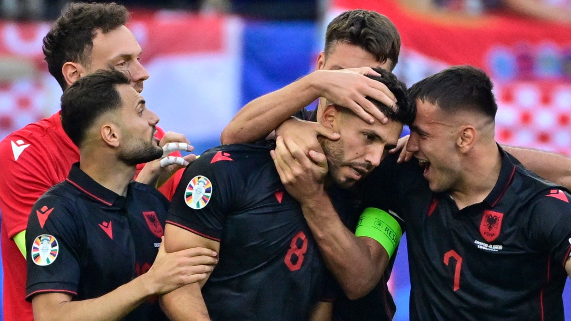 Albania celebrating Klaus Gjasula's late goal against Croatia at Euro 2024