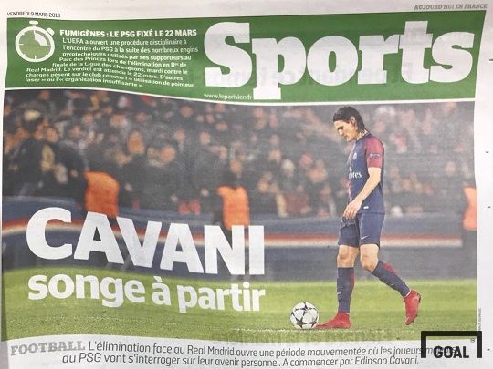 9일(현지시간) 프랑스 일간지 르 파리지앵 스포츠 1면에 보도된 카바니의 이적설. 사진=골닷컴 이하영 에디터