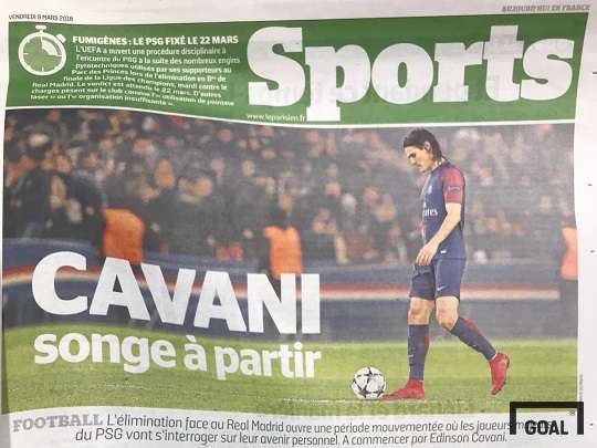 9일(현지시간) 프랑스 일간지 르 파리지앵 스포츠 1면에 보도된 카바니의 이적설. 사진=골닷컴 이하영 에디터