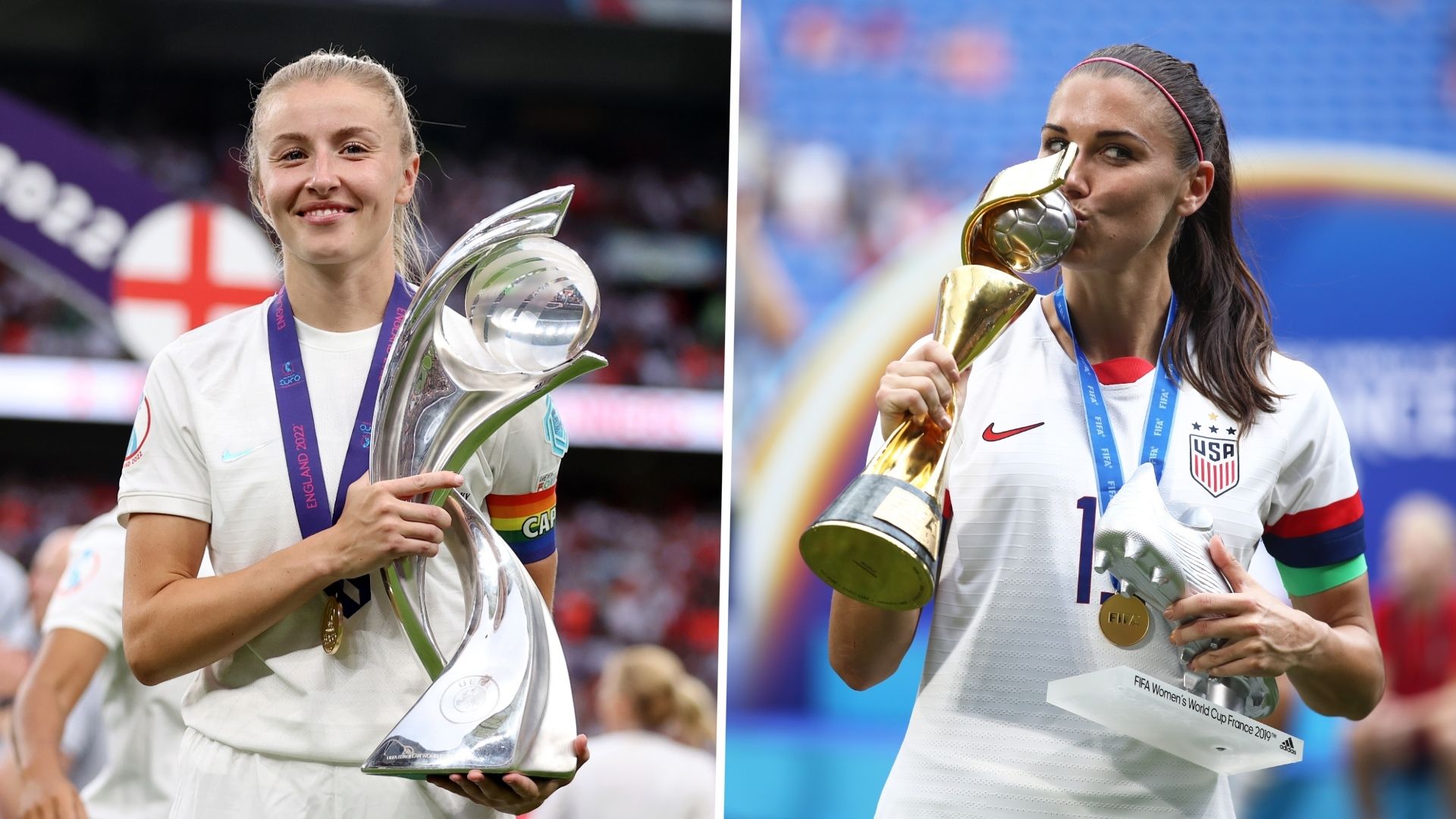 Leah Williamson Alex Morgan England USWNT trophy composite