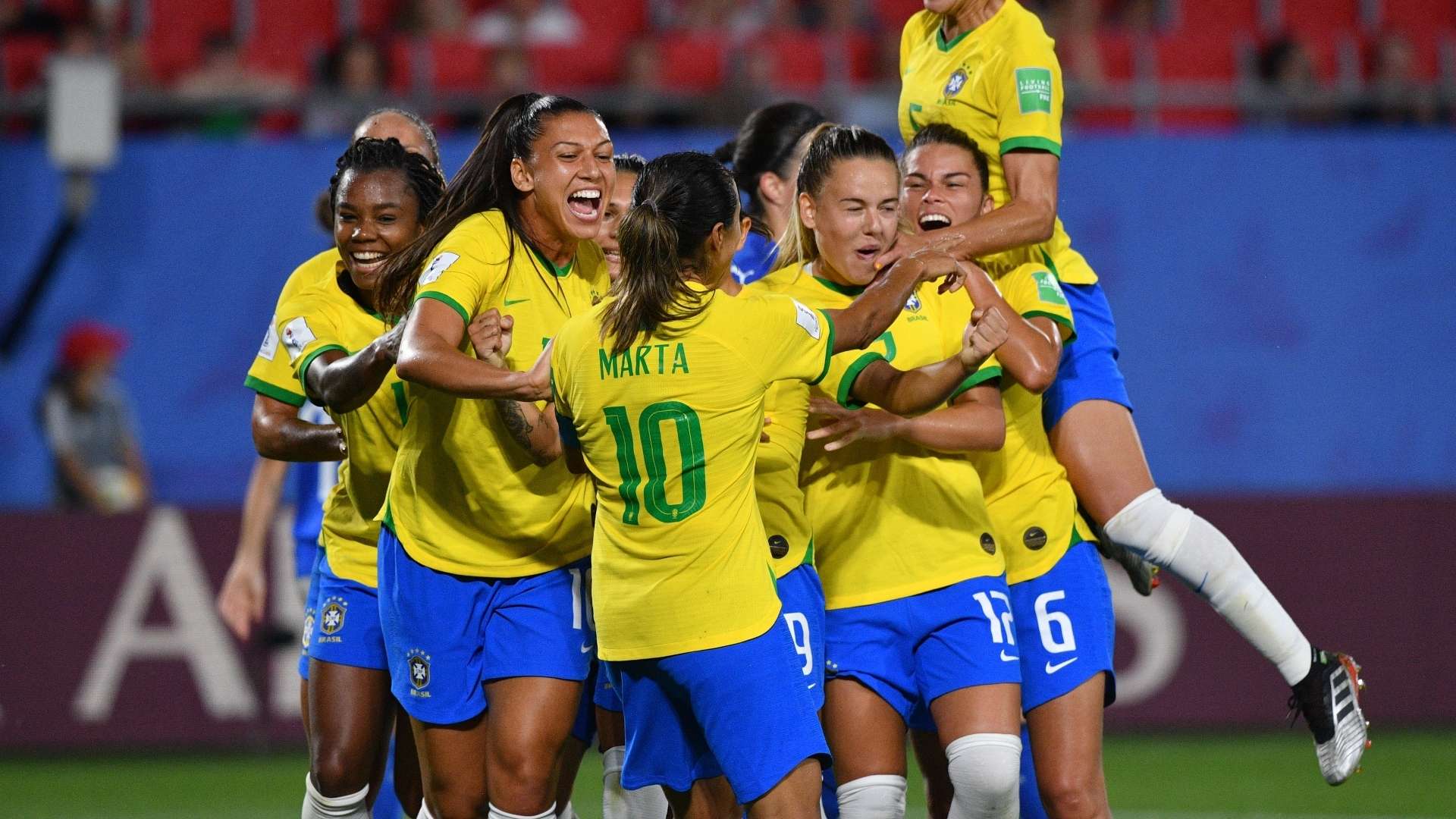 Brazil celebrate Marta goal vs Italy