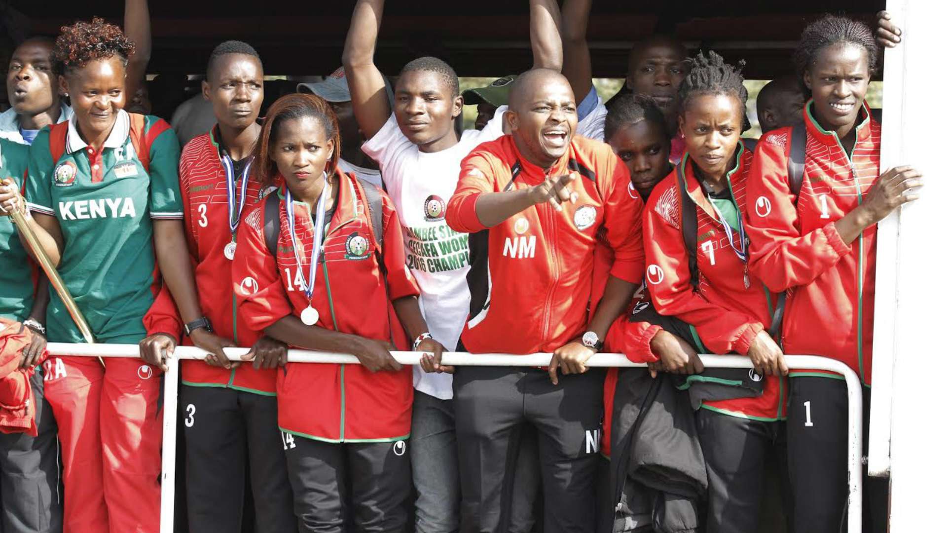 Harambee Starlets were received at JKIA by FKF President Nick Mwendwa