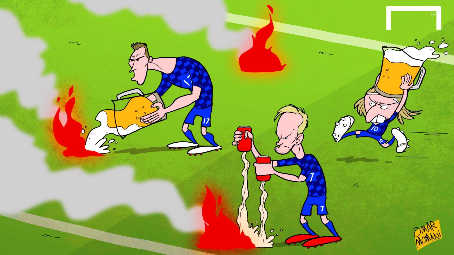 Cartoon Croatians extinguish fire flares