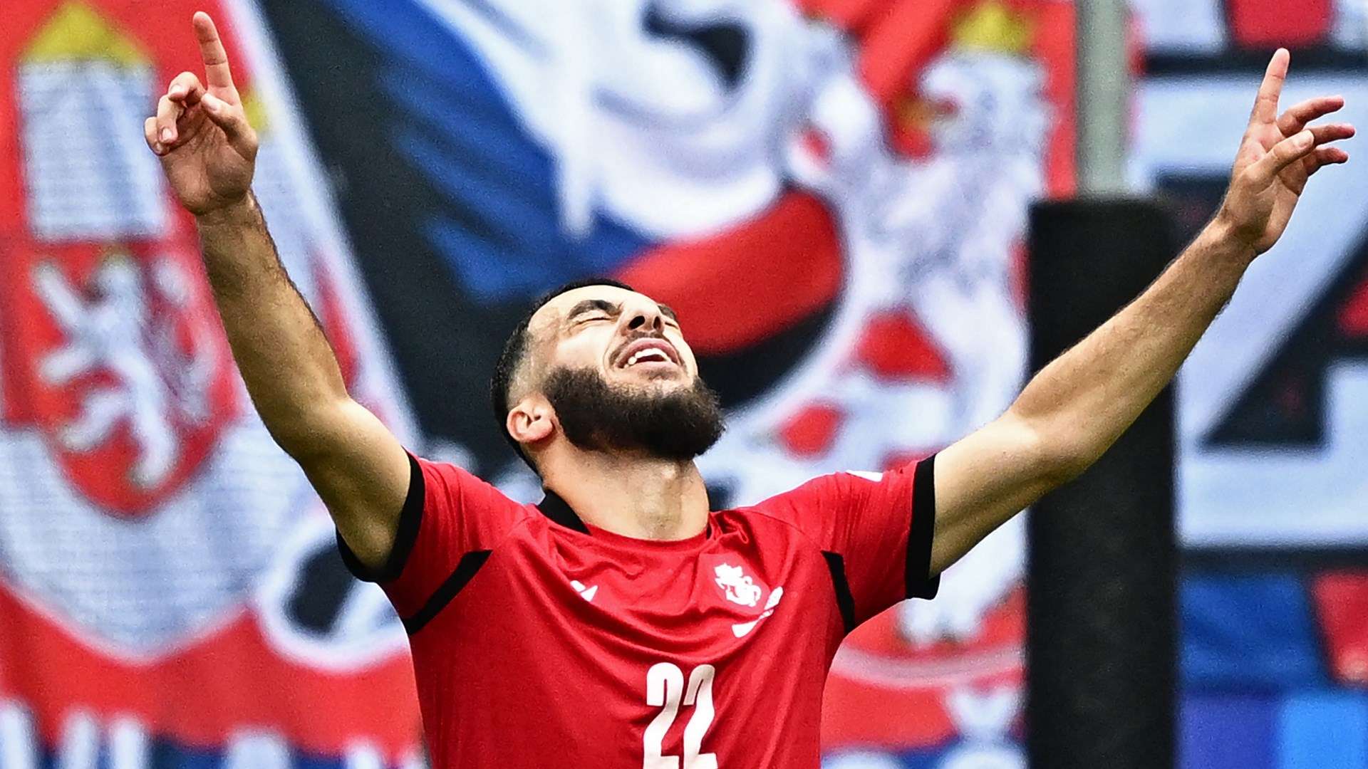 Georges Mikautadze celebrating scoring for Georgia at Euro 2024