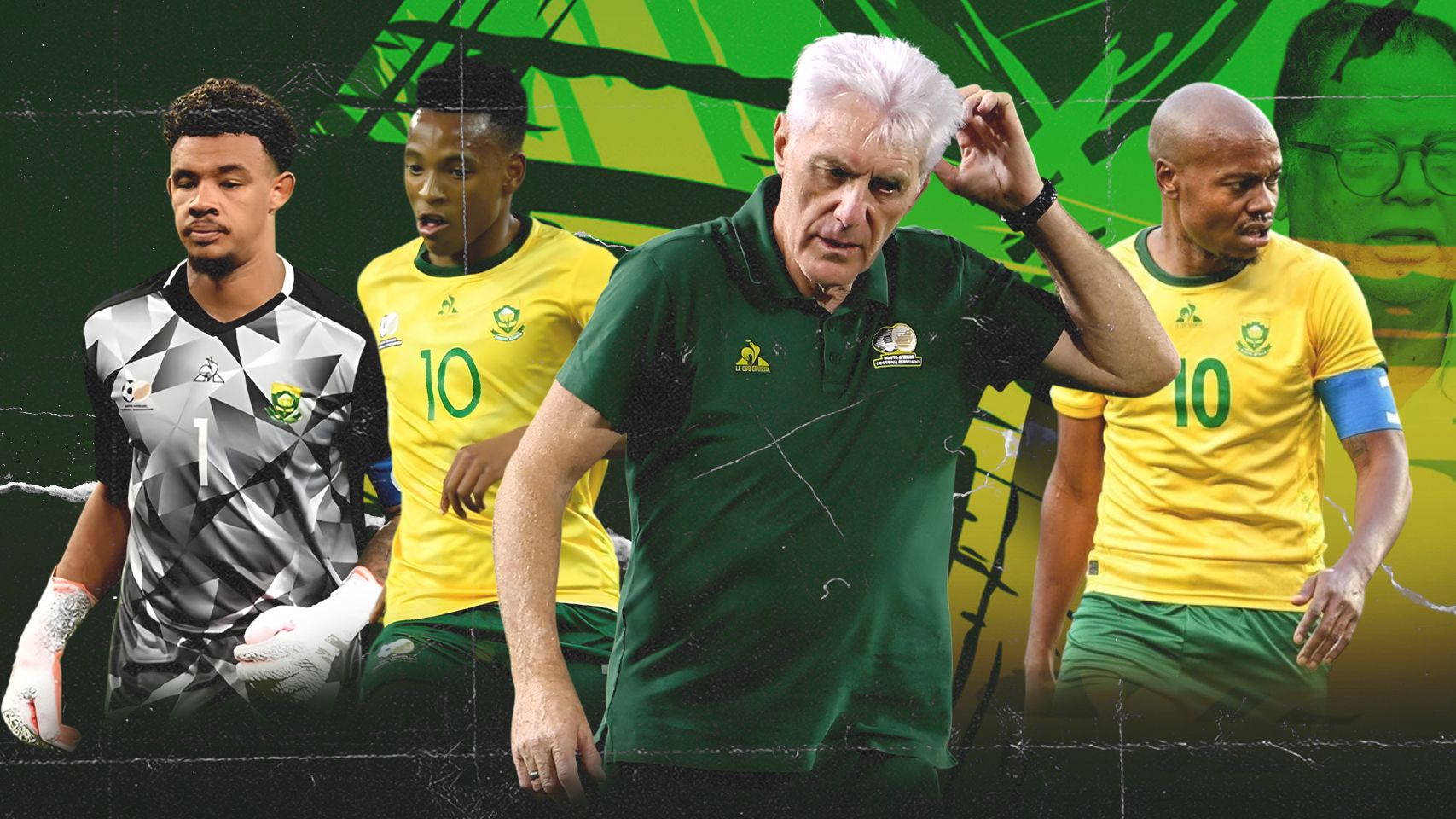 Hugo Broos, Percy Tau, Relebohile Mofokeng, Ronwen Williams of Bafana Bafana and Safa President Dr.Danny Jordaan