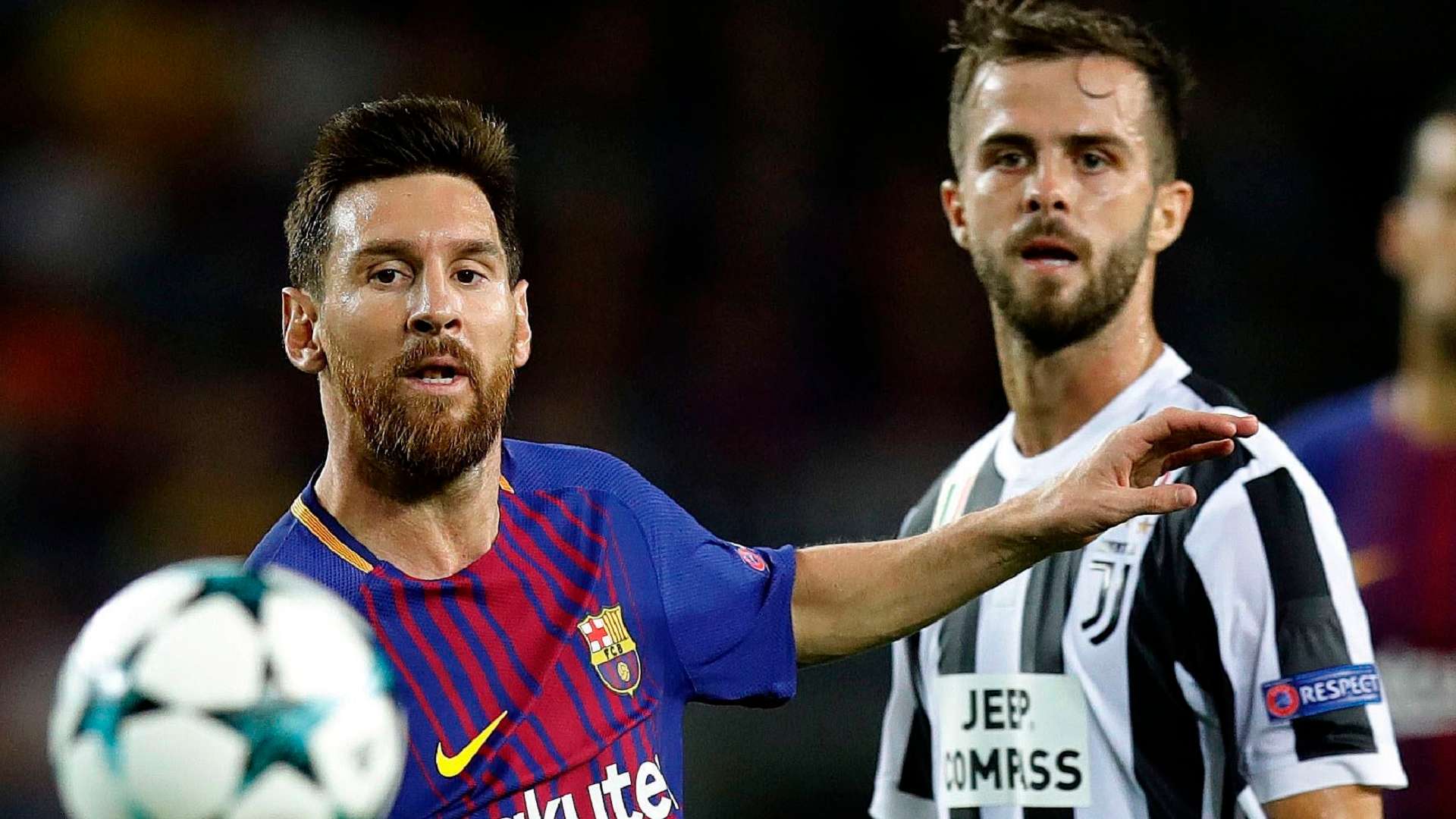 Miralem Pjanic of Juventus and Lionel Messi of Barcelona