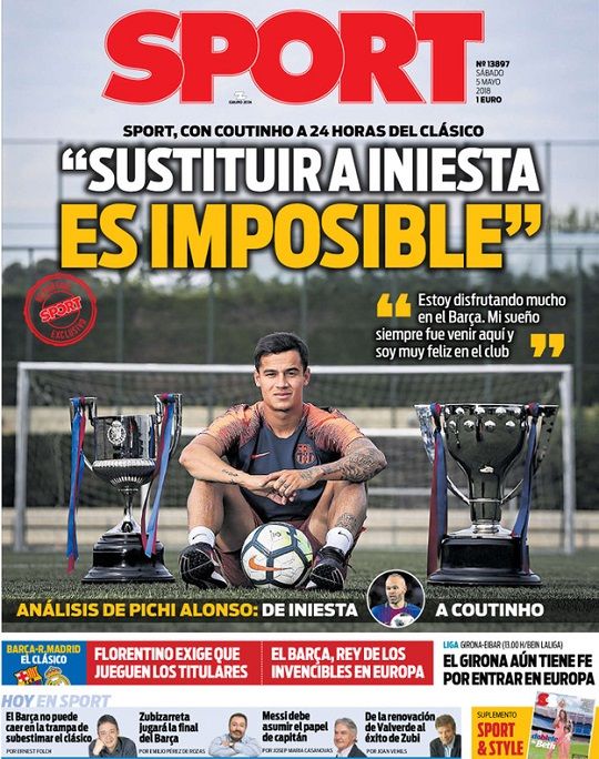 5일(현지시간) 스페인 현지 신문 스포르트 1면을 장식한 FC바르셀로나의 필리페 쿠티뉴. 사진 출처=스포르트 인터넷판