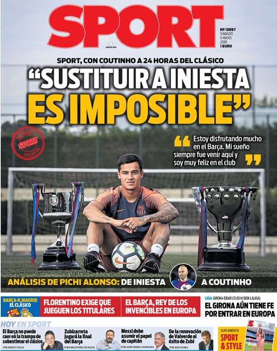 5일(현지시간) 스페인 현지 신문 스포르트 1면을 장식한 FC바르셀로나의 필리페 쿠티뉴. 사진 출처=스포르트 인터넷판