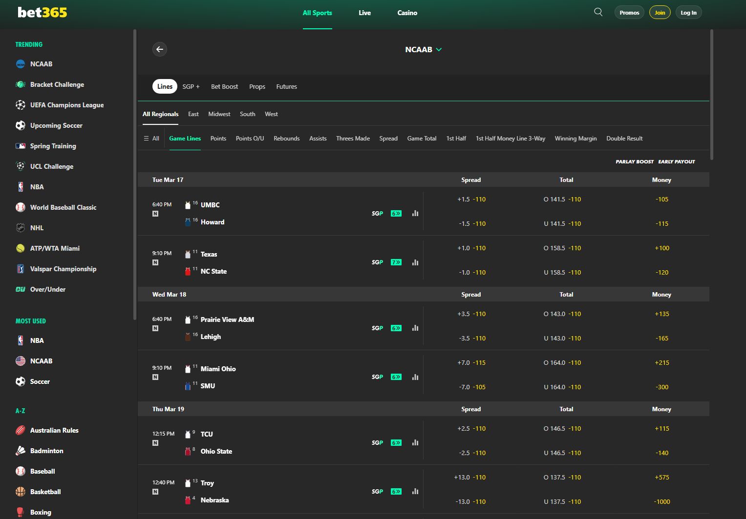 bet365 march madness betting