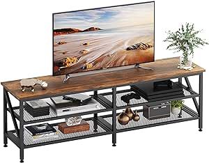حامل تلفزيون: طاولة تلفزيون عصرية واسعة مع ارفف تخزين، طاولة وحدة تحكم تلفزيون خشبية متينة باطار معدني لغرفة المعيشة