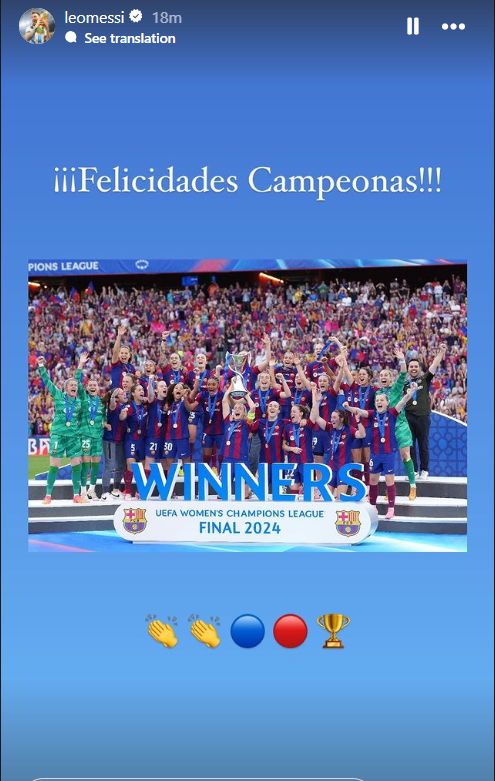 Instagram: Lionel Messi congratulates Barcelona UWCL win