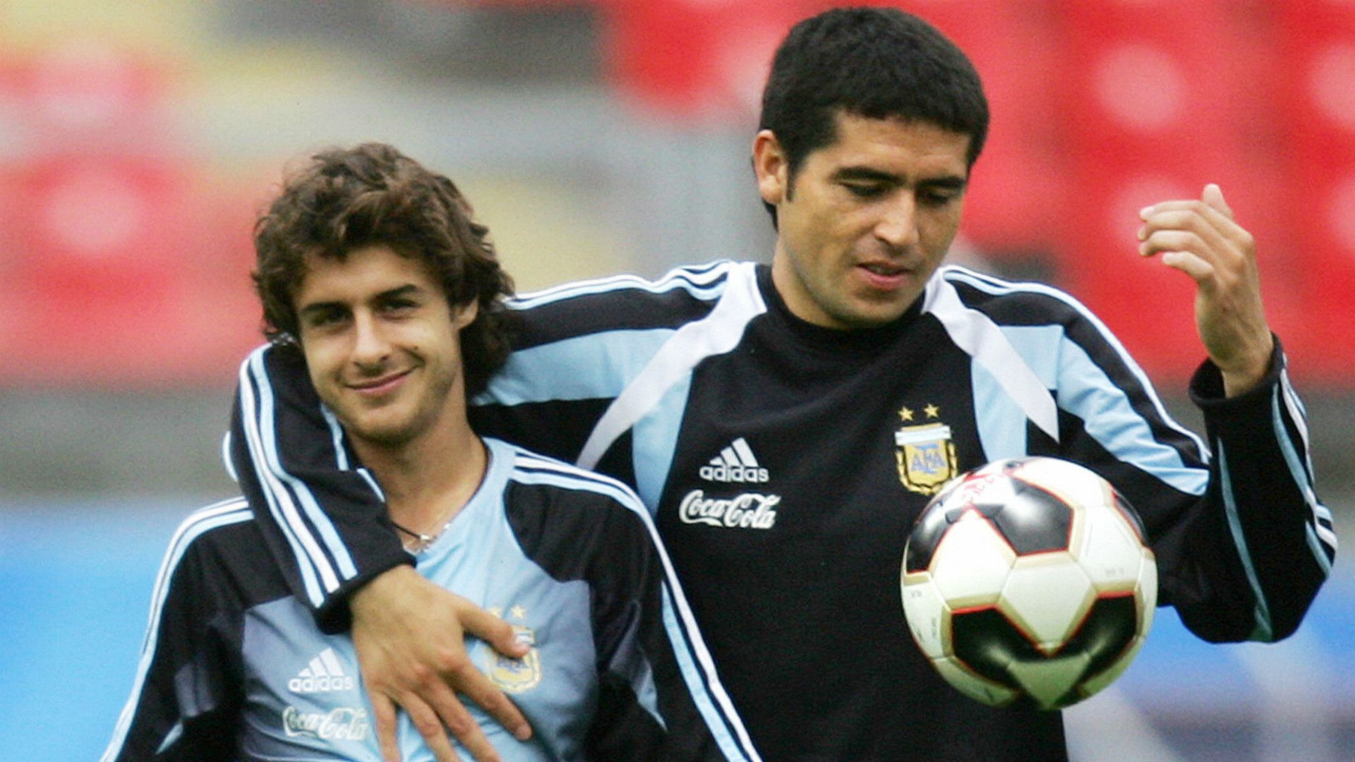 Pablo Cesar Aimar Juan Roman Riquelme during a training session of Argentina in Nuremberg 17062005