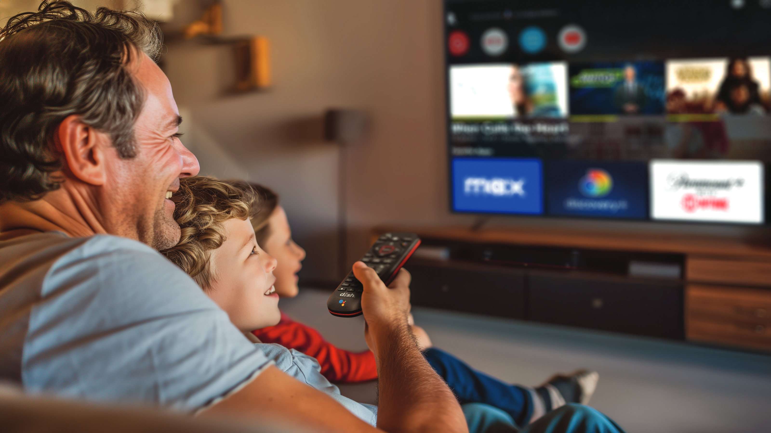 Family gathering round the screen for sports on Sling TV.