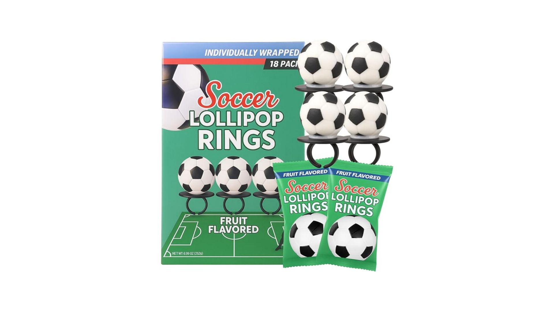 Lil' League Lil League Soccer Ball Lollipop Rings, Individually Wrapped Candy for Birthday Party Favors, End of Season Parties, 18 Suckers