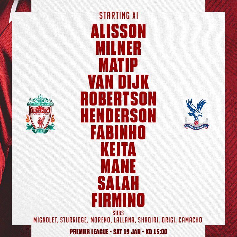 Liverpool vs Crystal Palace line up 19012018