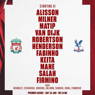 Liverpool vs Crystal Palace line up 19012018