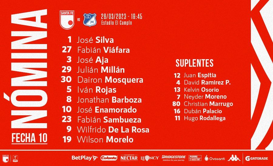Nómina Santa Fe Fecha 10 Liga BetPlay 2023