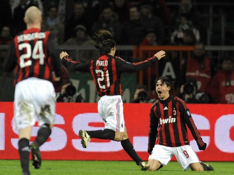Filippo Inzaghi (R) Philippe Senderos (L) Andrea Pirlo (C) of AC Milan