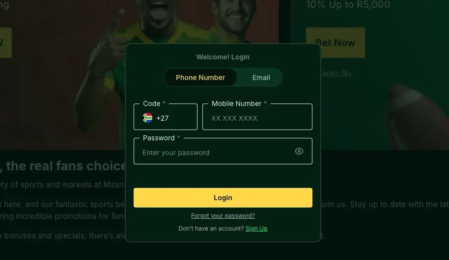 MzansiBet Login Form