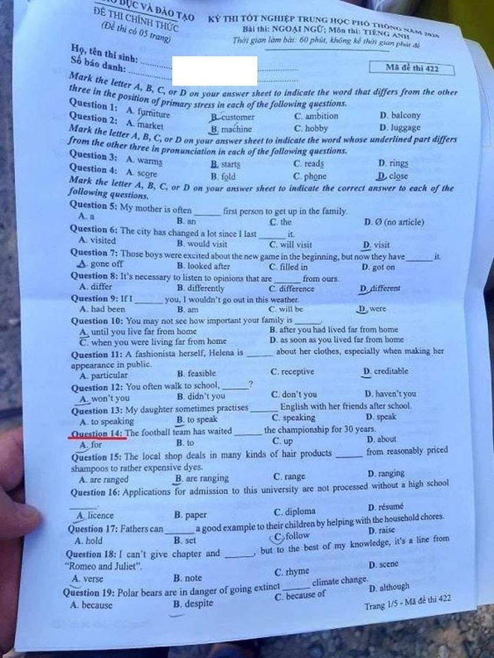 Đề thi THPTQG 2020