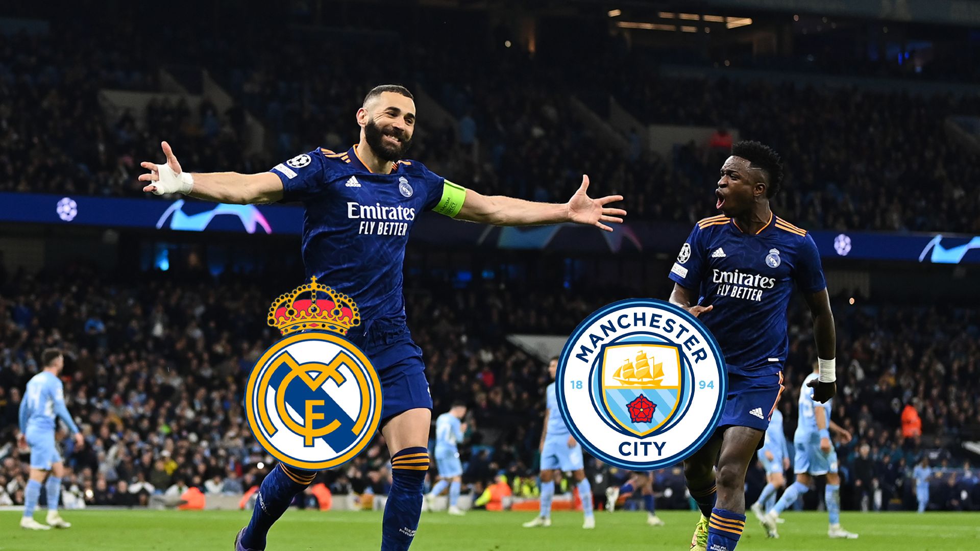 Real Madrid Manchester City Champions League Halbfinale Karim benzema trifft und jubelt mit vinicius junior 2021 2022