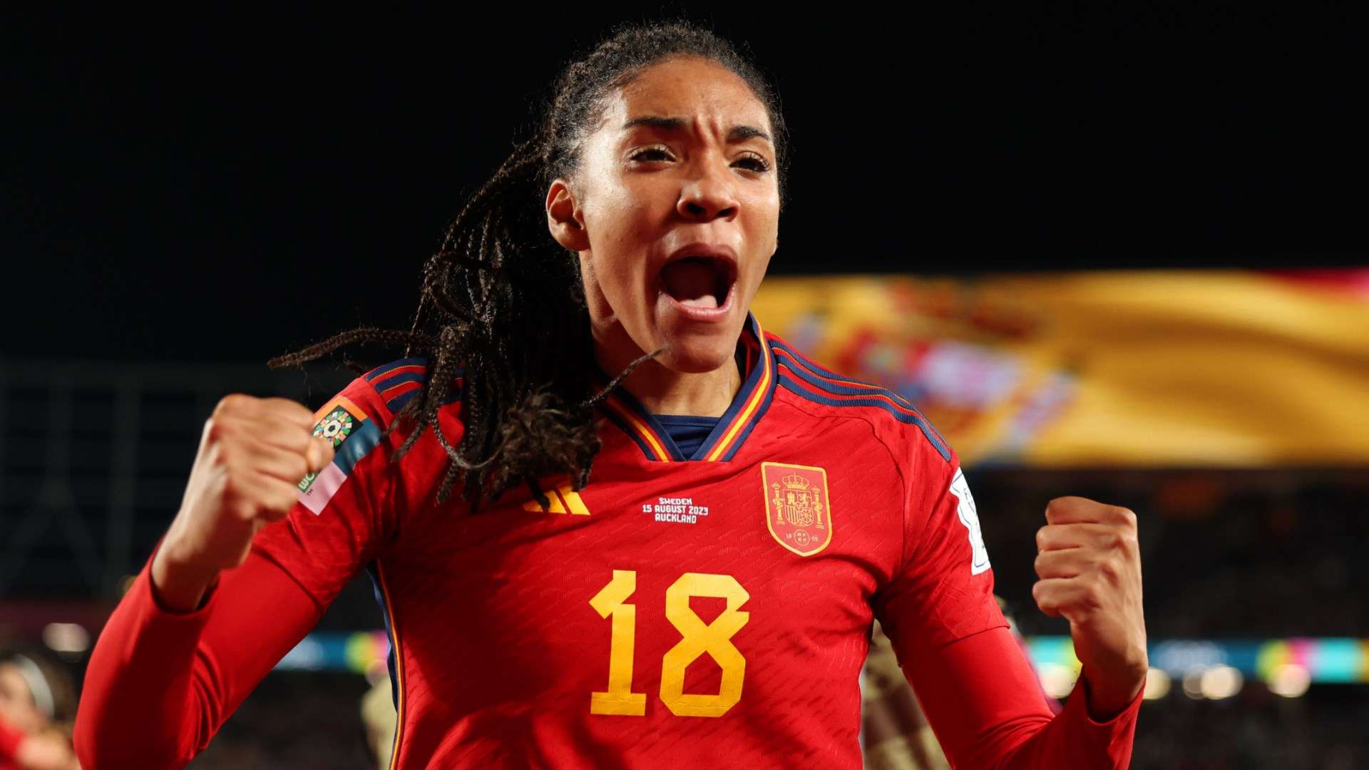Salma Paralluelo celebrating her goal for Spain against Sweden at Women's World Cup