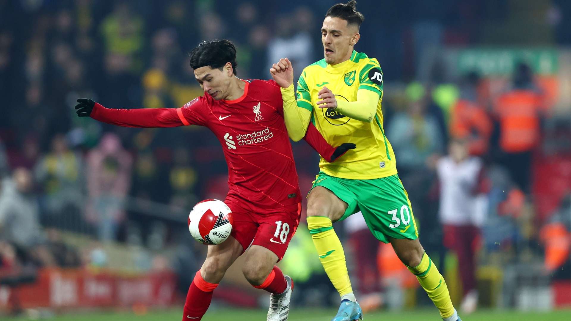 Takumi Minamino Liverpool Dimitris Giannoulis Norwich City 2021-22