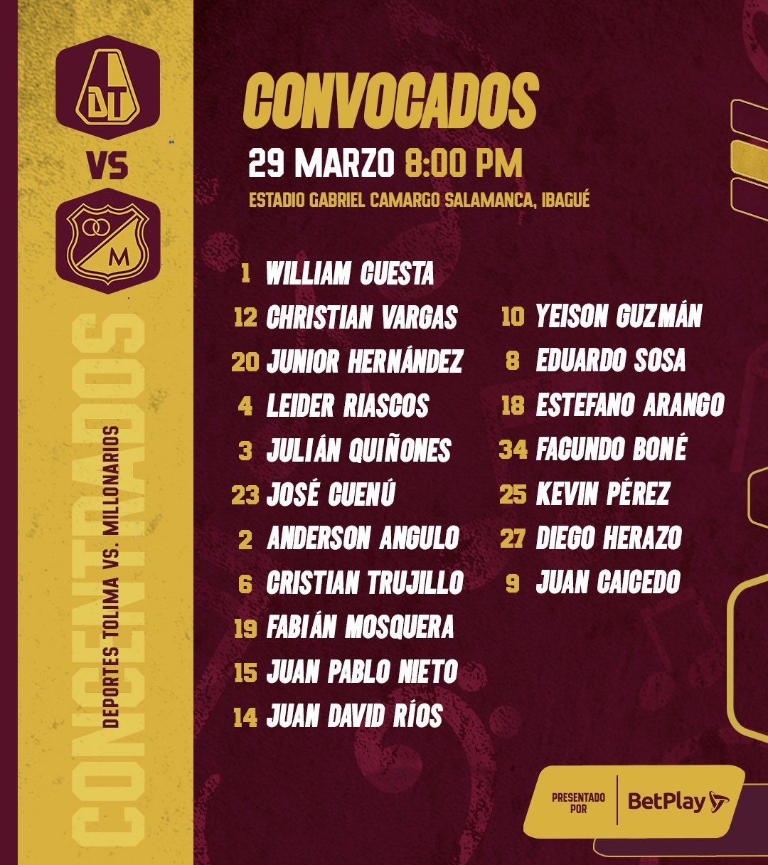 Convocados Tolima Fecha 4 Liga BetPlay 2023
